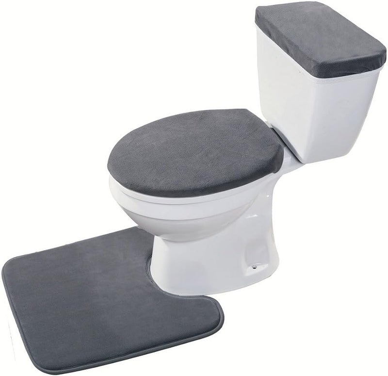 Madeals Velvet Toilet Lid Cover and Tank Lid Cover with Memory Foam Toilet Mat 3 Piece Toilet Contour Rug Set Drak Gray - Image 1